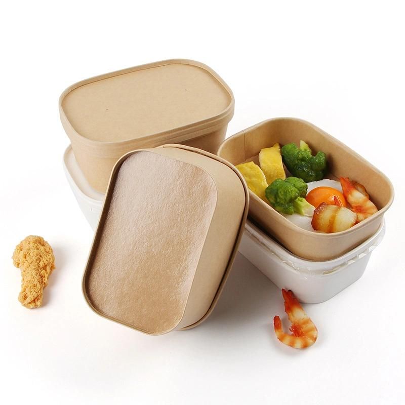 Disposable Food Packaging White Kraft Square Rectangle Takeaway Food Paper Bowl with Lids