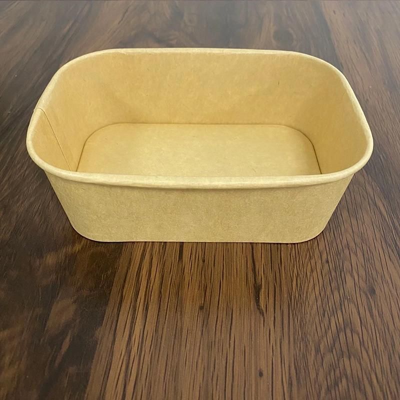 Disposable Food Packaging White Kraft Square Rectangle Takeaway Food Paper Bowl with Lids