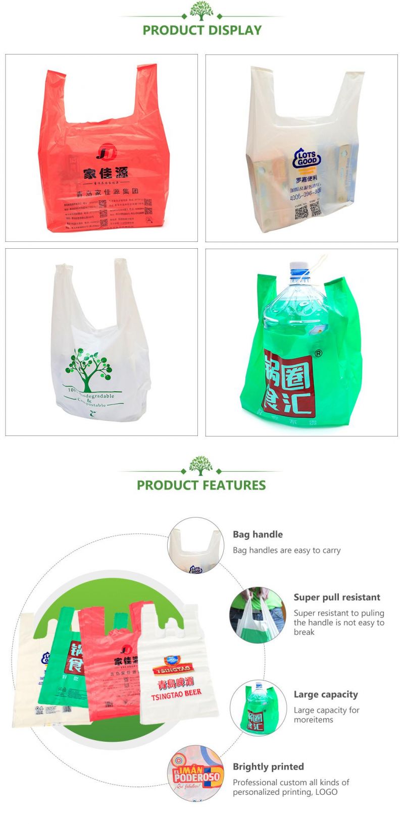 100% Biodegradable T-Shirt Bags, Vest Bags, Shopping Bags, Supermarket Bags, Carrier Bags, Grocery Bags, Take-out Packaging Bags for Food/Vegetable