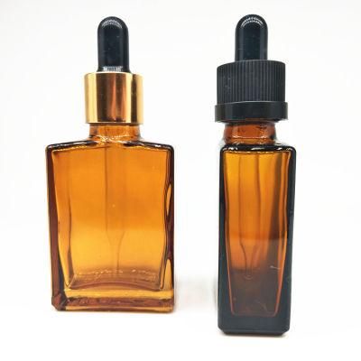 Wholesal 30ml Flat Square Amber Glass Essential Oil Dropper Bottle