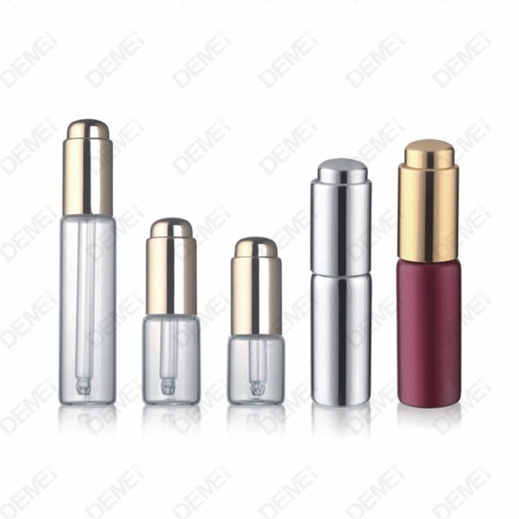 2ml-10ml Wholesale Cosmetic Packaging D16.4mm Stright Round Clear and Amber Serum Essential Oil Tube Glass Bottle with Gold Aluminum Press Button Dropper Cap