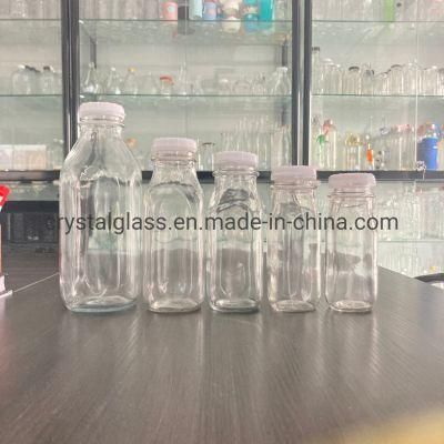 French Square Juice Milk Glass Bottle 8oz 9oz 12oz 14oz 16oz 32oz with Plastic Safety Cap