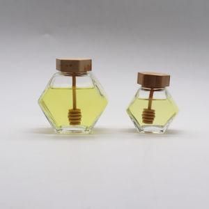 Wholesale Customized 380ml 500g Empty Clear Hexagon Glass Honey Jars with Wooden Lid