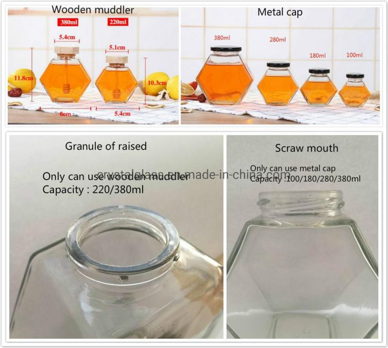 Wholesale Hexagonal Glass Bottle Honey Jars Food Storage Jar with Metal Cap 100/180/280/380ml