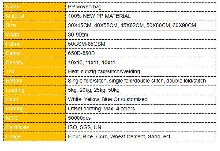 Polypropylene Fabric Grain Sack Bag 50kg of Rice Bags Corn Wheat Grain Starch Packing Sacks