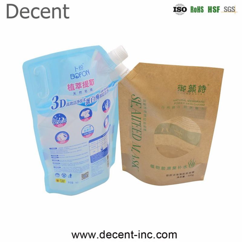 Decent Custom Biodegradable Special Kraft Paper Bags Shampoo Seaweed Mask Laundry Bag with Plastic Nozzle Window Spout Pouch