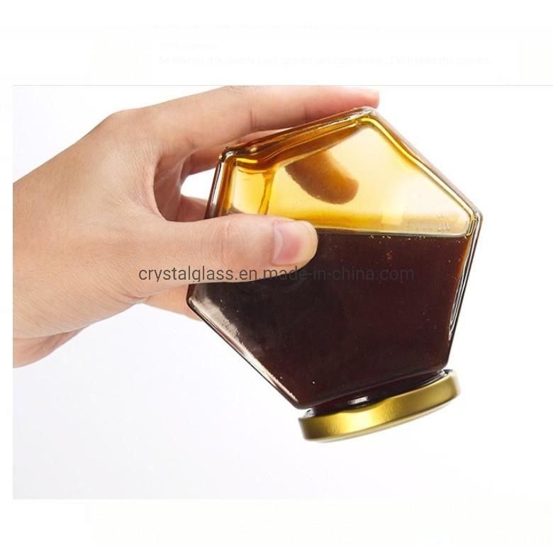 Wholesale Hexagonal Glass Bottle Honey Jars Food Storage Jar with Metal Cap 100/180/280/380ml