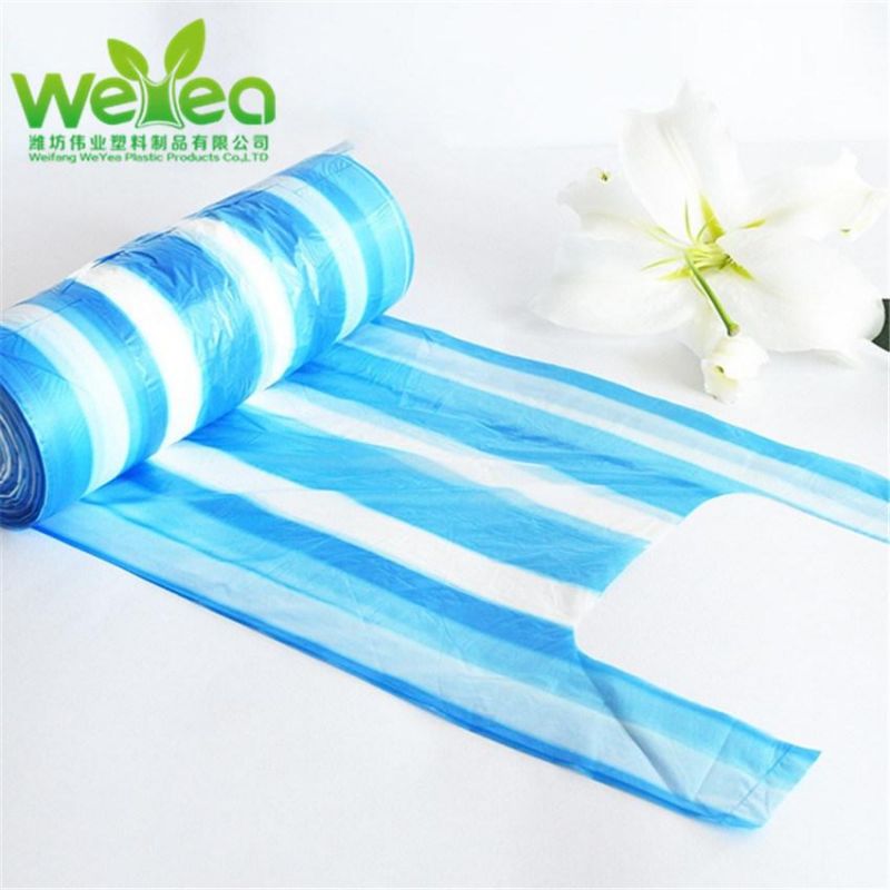 Cheap Biodegradable White&Blue Stripped T Shirt Bags Plastic Products