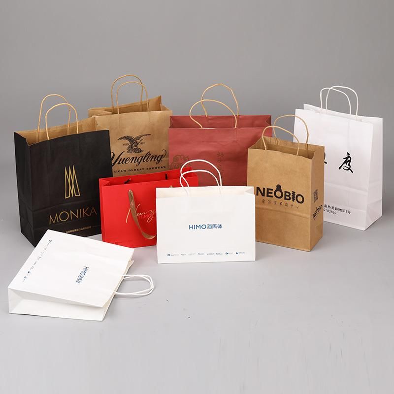 Custom Printed Logo Cardboard Packaging White Brown Kraft Gift Craft Shopping Paper Bag with Handles