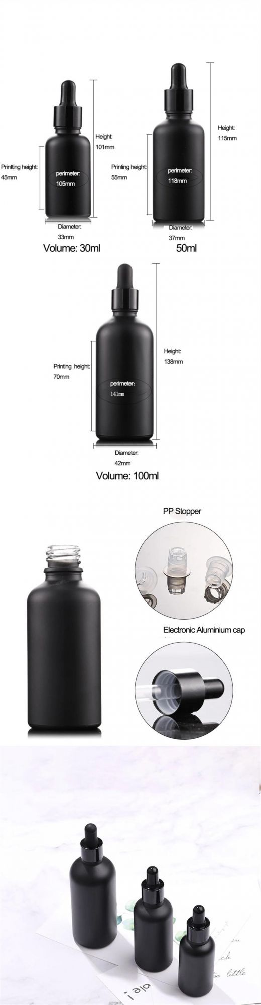 30ml 50ml 100ml Matte Black Glass Essential Oil Dropper Bottle