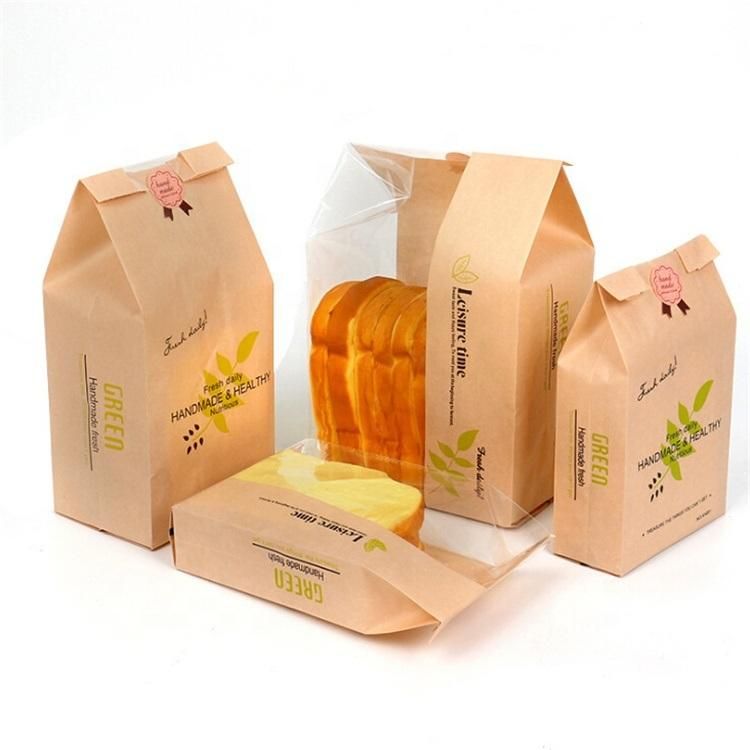 White/Brown Food Grade Cotton Kraft Paper Bread/Bakery Toast Flat Bottom Packaging Bag with Tin Tie