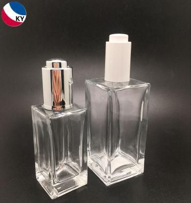 Silver Push Button Cap 50ml 100ml Thick Bottom Glass Container Square Glass Dropper Bottles