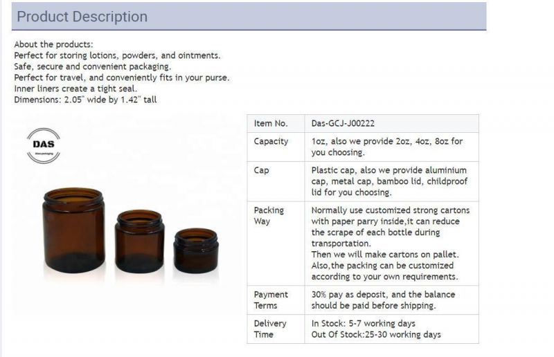 5g, 10g, 15g, 30ml, 50ml, 100g, 200ml, 1oz, 2oz, 250g, 500g, 80g Empty Amber Glass Cosmetic Jar Glass Amber Jars Glass with Metal Lid