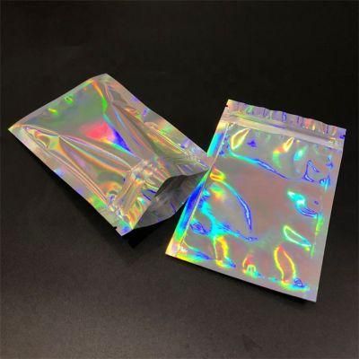Resealable Smell Proof Ziplock Bags Laser Holographic Rainbow Color Flat Food Pouch Aluminum Foil Bags Films Packaging Bags