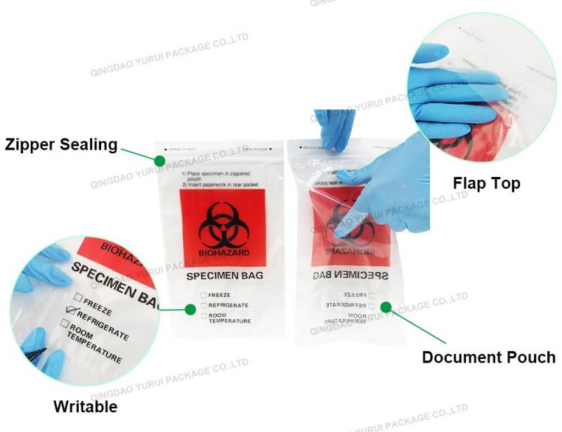 Factory PE 6 X9 Inch Specimen Zipper Biohazard Bags with Document Pouch
