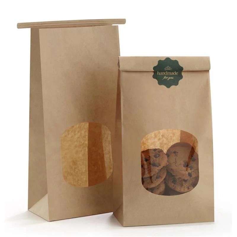 Custom Logo Tin Tie Bakery Food Printed White Kraft Bread Packaging Paper Bags with Clear Window