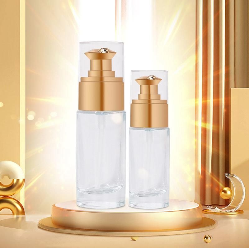 Empty Cosmetic Packaging 25ml 15ml Round Glass Lotion Bottle with Unique Design Pump Head for Serum and Foundation