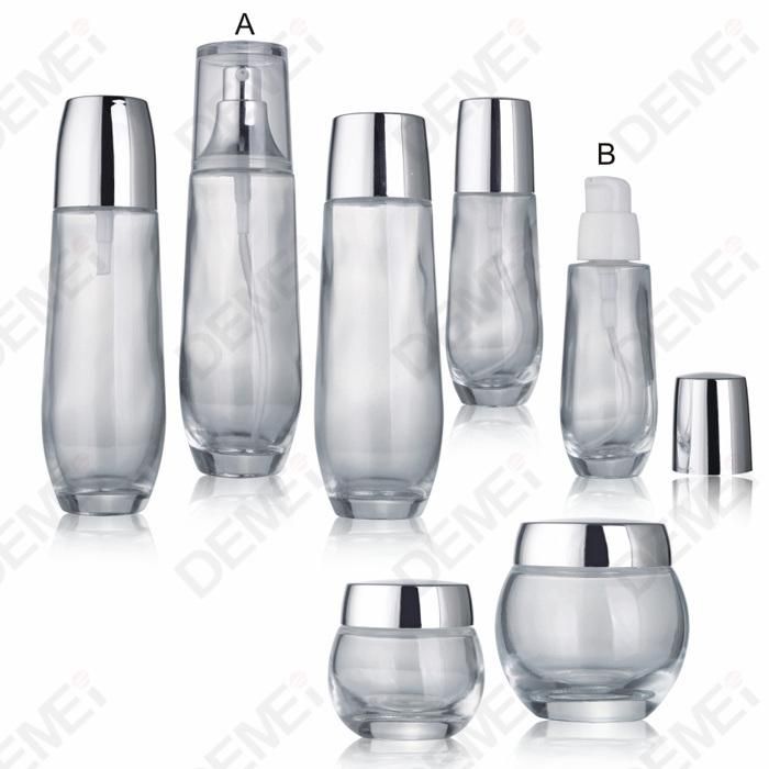 30/100/120ml 20g 30g 50g 80g 100g Cosmetic Skin Care Packaging Clear Big Round Bottom Toner Lotion Glass Bottle and Cream Jar with Shiny Silver Cap