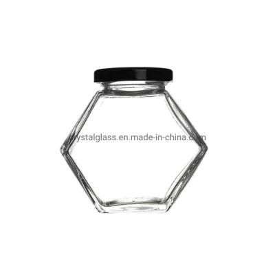 Flat Hexagon Glass Jar 380ml Honey Jar with Black Tinplate Lid