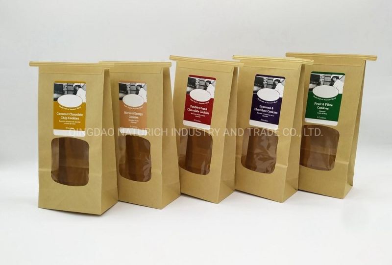 Biodegradable Paper Bag with Tin Tie Square Bottom Kraft Paper Bag with Window