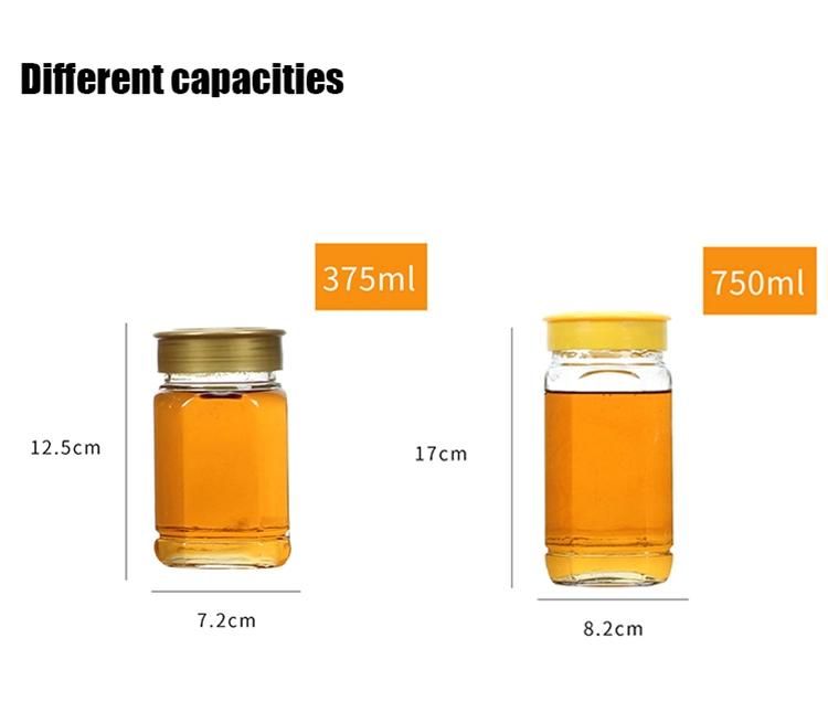 Wholesale Custom Labels Empty 750ml 370ml Honey Jar Glass with Plastic Lid and Dipper