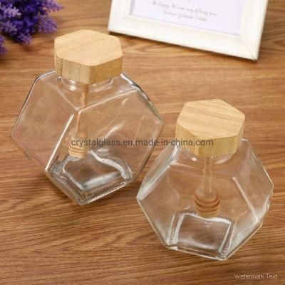380ml 100ml High Quality Luxury Hexagon Empty Glass Honey Jar with Dipper and Bamboo Lid