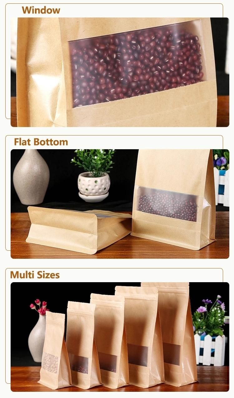 Stand up Resealable Zip Lock Bag Flat Bottom Kraft Paper Eight Side Sealing Bag with Window