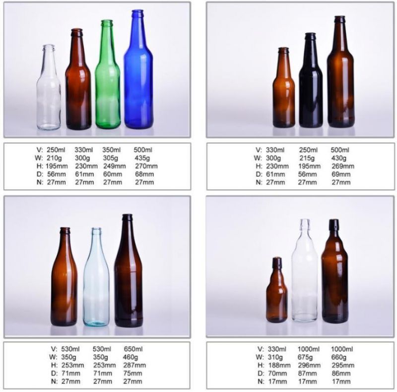 250ml 330ml Amber Blue Clear Green Glass Beer Bottle with Crown Cap