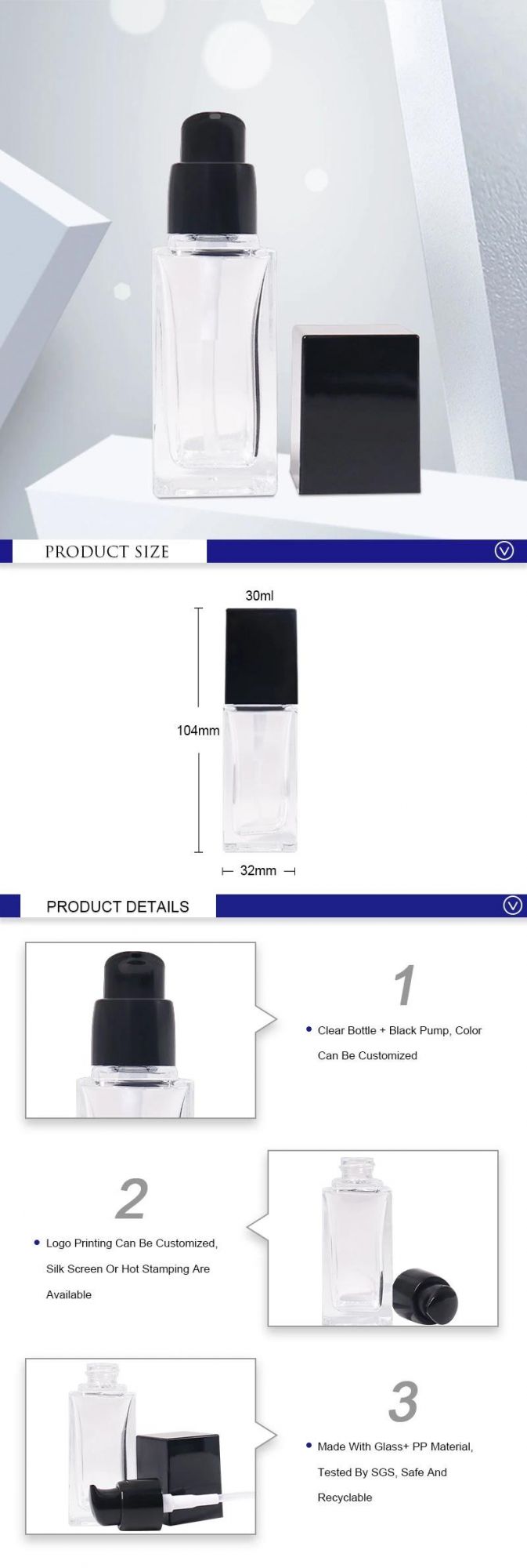 Transparent Empty Square Cosmetic Glass Lotion Pump Bottles Foundation Bottle 30ml