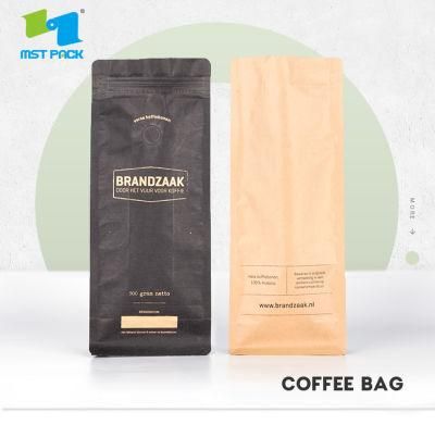 Biodegradable Custom Printed Flat Bottom Front Zipper Black Kraft Paper Food Coffee Bean Packaging Bag