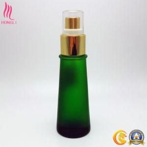 Frosted Green Glass Bottle with Golden Sprayer and Plastic Cap