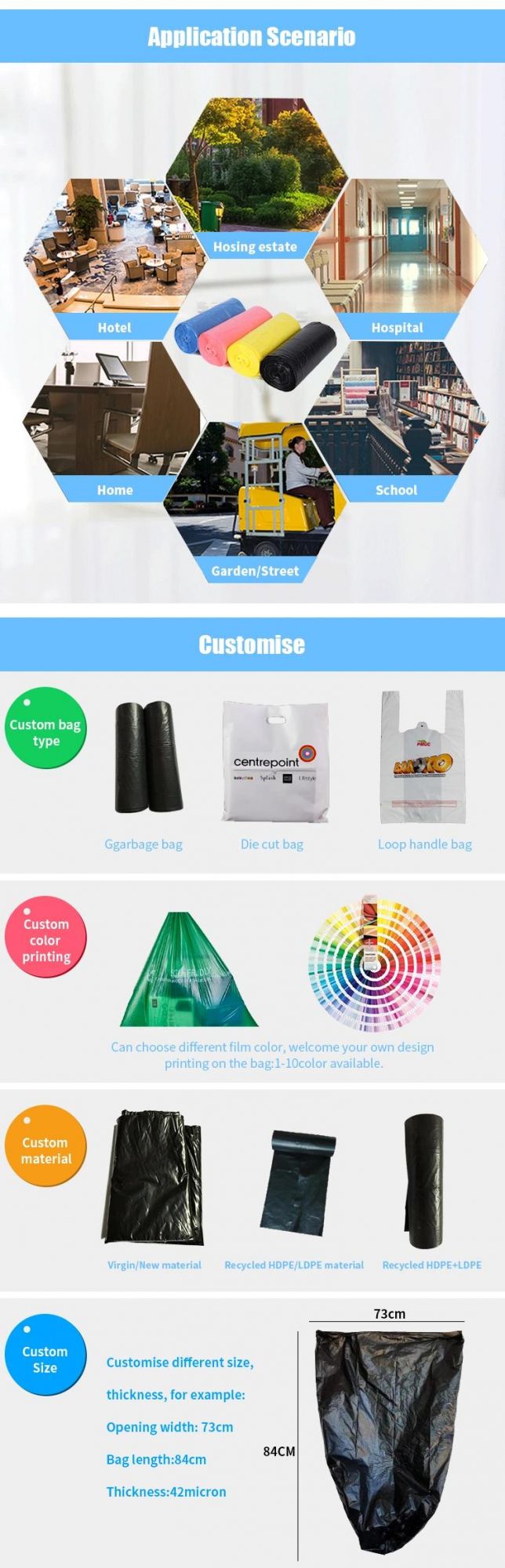 100% LDPE/HDPE Colored Plastic Disposable Garbage Bags Custom Rubbish Bags Poly Bag Shopping Bag