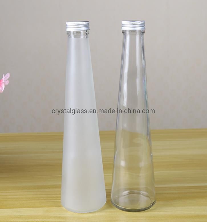 Oshow 250ml 300ml Creative Cone Shaped Beverage Drinking Clear or Frosted Glass Bottle Packaging with Aluminium Lid