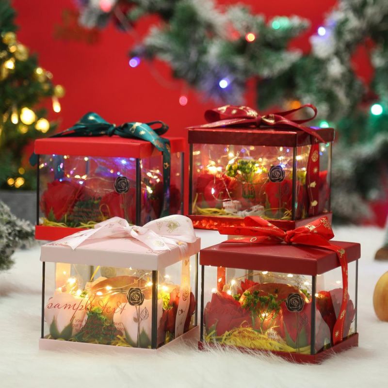 Christmas Gift Bags Cartoon Pattern Package of Foldable Portable Pet PVC Transparent Bag Red Inside Box Container