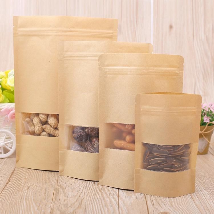 Custom Printing Degradable Eco-Friendly Zipper Sealed Stand Virgin Raw Recycle Kraft Paper Gift Food Bread Coffee Clothes Packaging Shopping Bag with Window