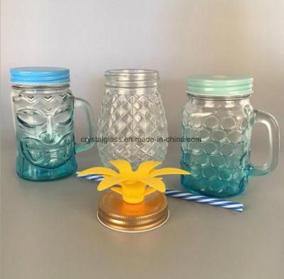 OEM Pineapple Shaped Glass Beer Mug with Handle and Straw