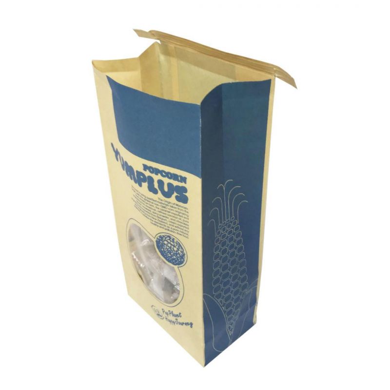 Chips Brown Kraft Paper Greaseproof Block Flat Bottom Gusset Fast Food Packing Bags with Window