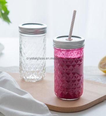 200ml 350ml Embossed Food Grade Glass Beverage Drinking Jar with Lid with Holes and Straw