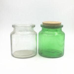 Round Unique Custom 16oz 500ml Empty Green Clear Glass Candle Holders Candle Jar Glass with Wood Bamboo Cork Lid Glass Mason Jar