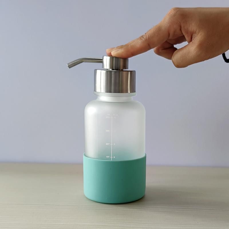 350ml 12oz Frosted Round Hand Sanitizer Hand Wash Pump Lotion Shampoo Dispenser Soap Glass Bottle with Silicone Sleeve