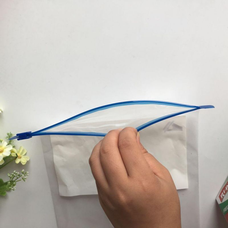 White Block Custom Printed LDPE Transparent Writable Slider Zipper Bag with Blue Sliding Track and Block