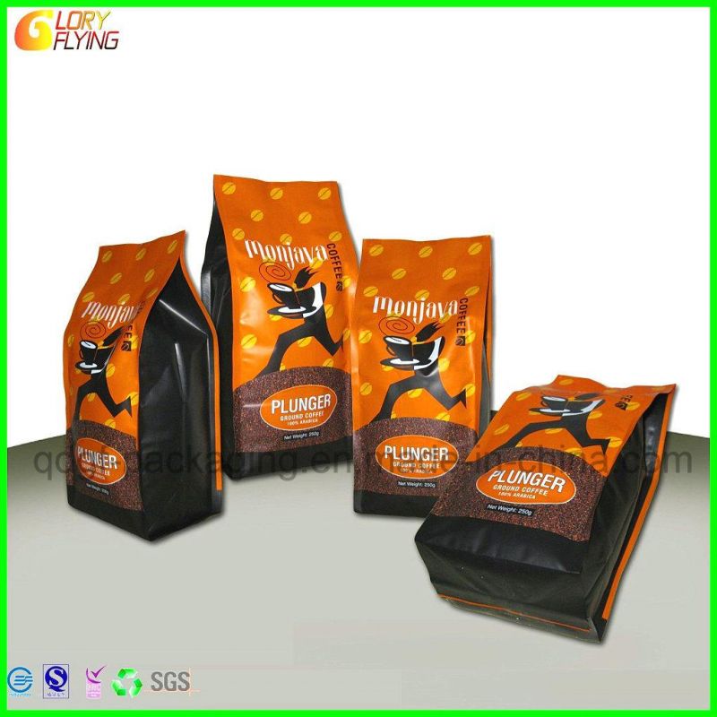 Gold Flexible Printing Plastic Bag for Coffee Packaging/Flat-Bottom Packaging Bag with Zipper