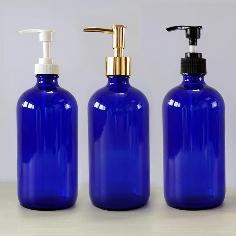Hot Sale 500ml 16oz Blue Boston Round Alcohol Hand Sanitizer Shampoo Dispenser Soap Glass Pump Bottle
