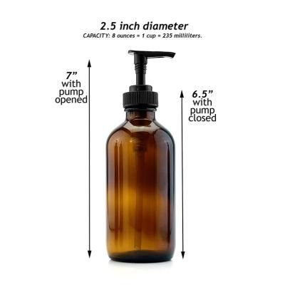 8 Oz Empty Boston Round Amber Glass Pump Bottle with Black Plastic Lotion Pumps