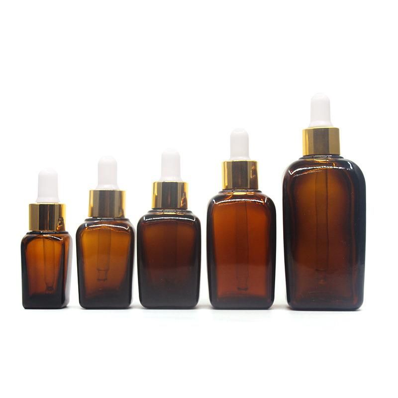 Square Cosmetic Amber 30 Ml Skincare Essential Oil Hair Serum Flast Shoulder Bottle Frosted Clear Glass Pump Bottles