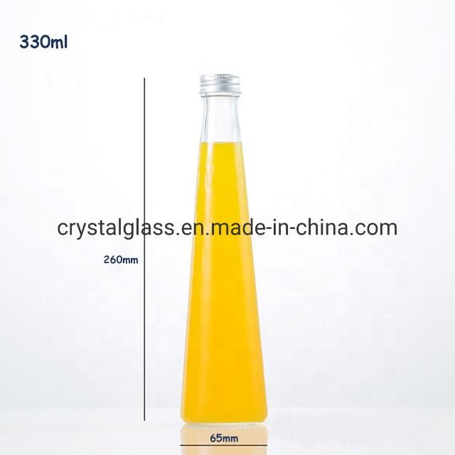 Long Cone Shape Clear Glass Beverage Juice Bottle 250ml 330ml