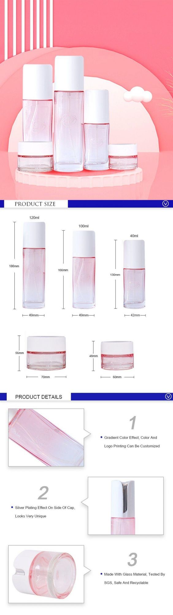 High Quality Packaging Series 120ml 100ml 40ml Pink Color Glass Toner Bottles