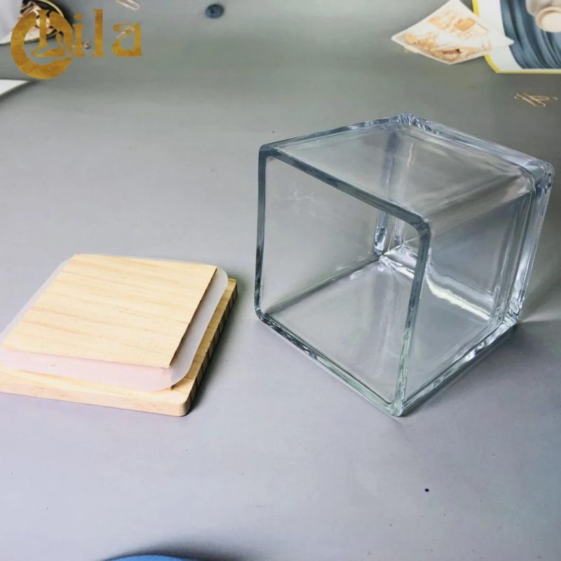 Wholesale High Quality Square Candle Jar Glass Storage Jar with Bamboo Wooden Lid