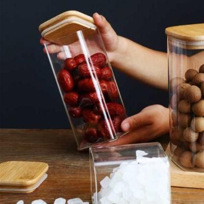 Borosilicate Glass Square Shape Storage Jar with Bamboo Lid