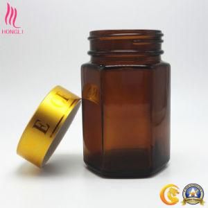 Amber Hexagon Glass Container with Screen Printed Aluminum Cap